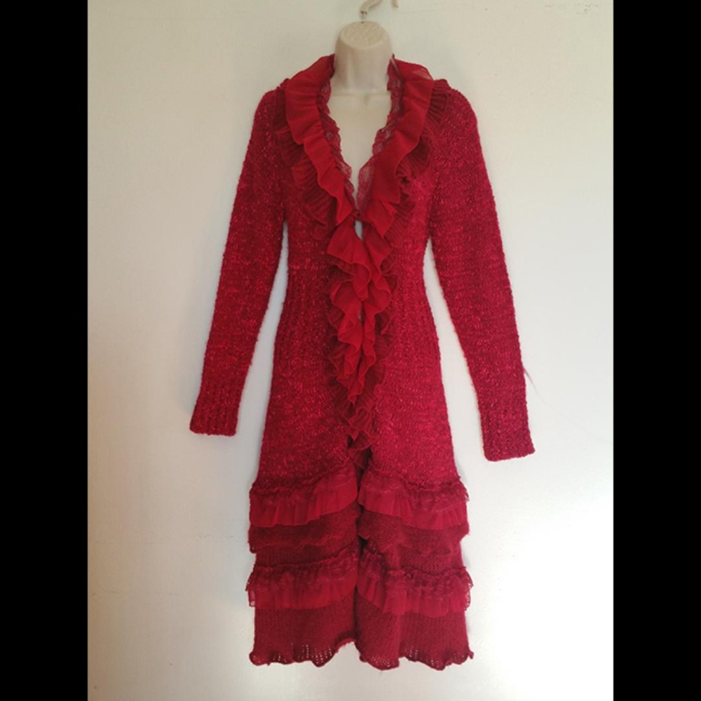 Pretty Angel Red Lace Ruffles Sweater Coat Duster
